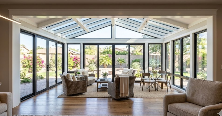 Bright sunroom addition with large casement windows, terracotta tile floors, and seamless transition to the original home interior