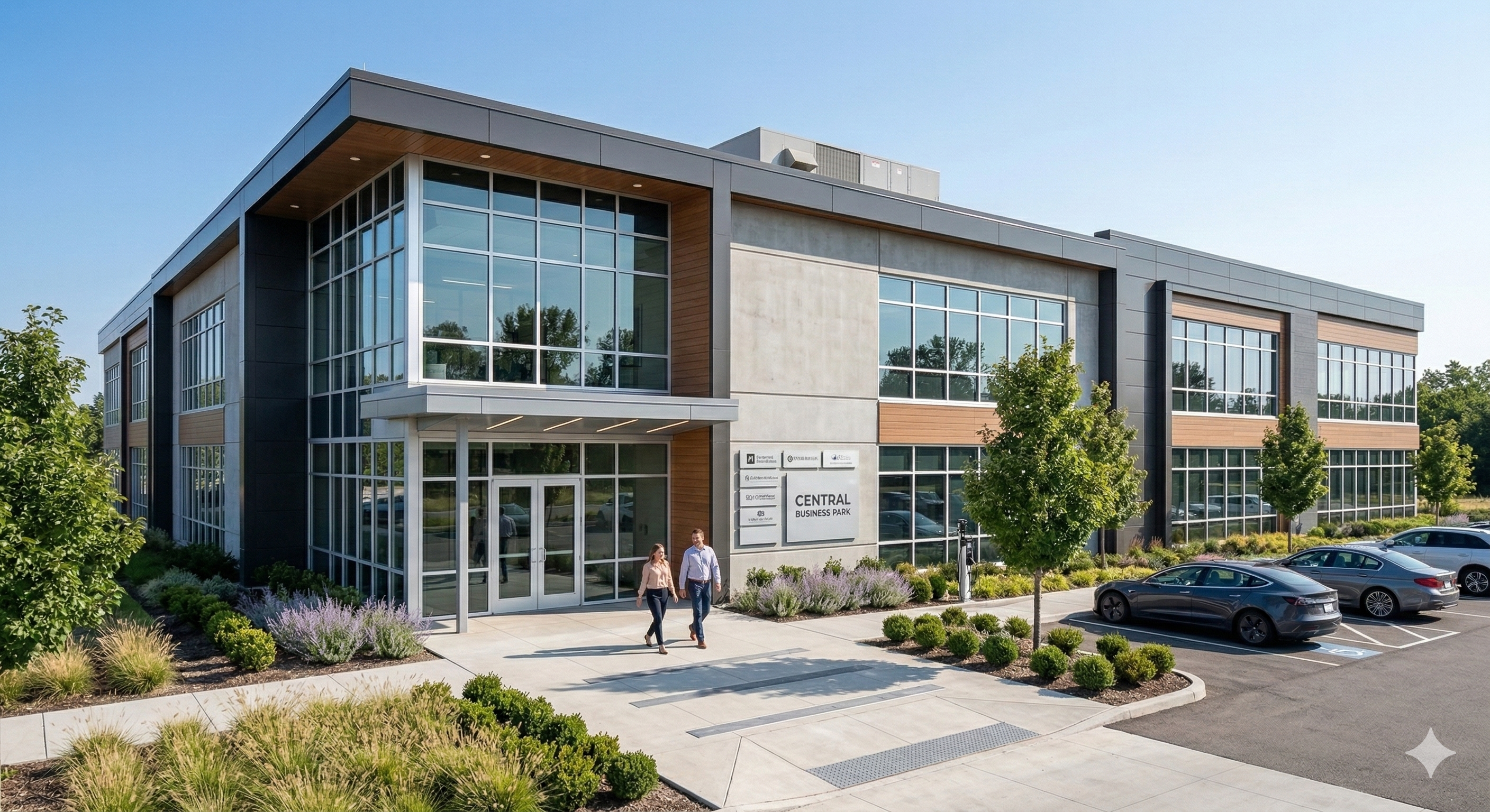 Completed office complex exterior with glass curtain wall and professional landscaping