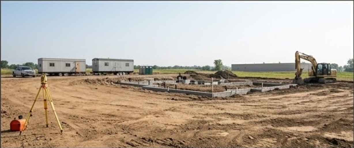 Steel structural framing and concrete foundation work on commercial building site