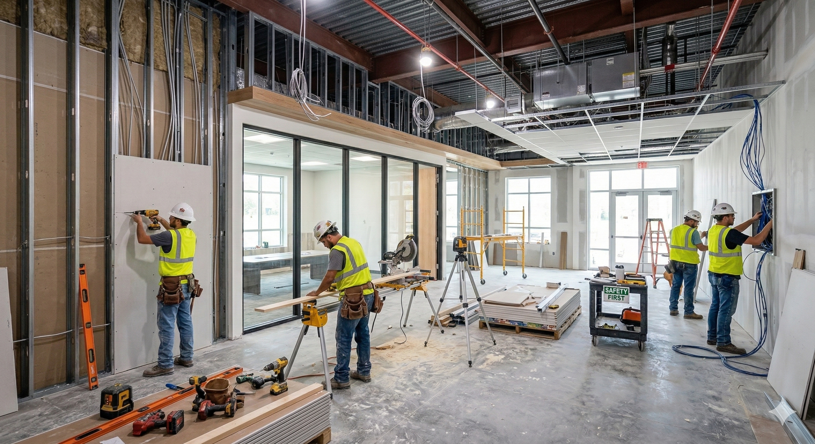 Modern office interior build-out with open floor plan and premium finishes