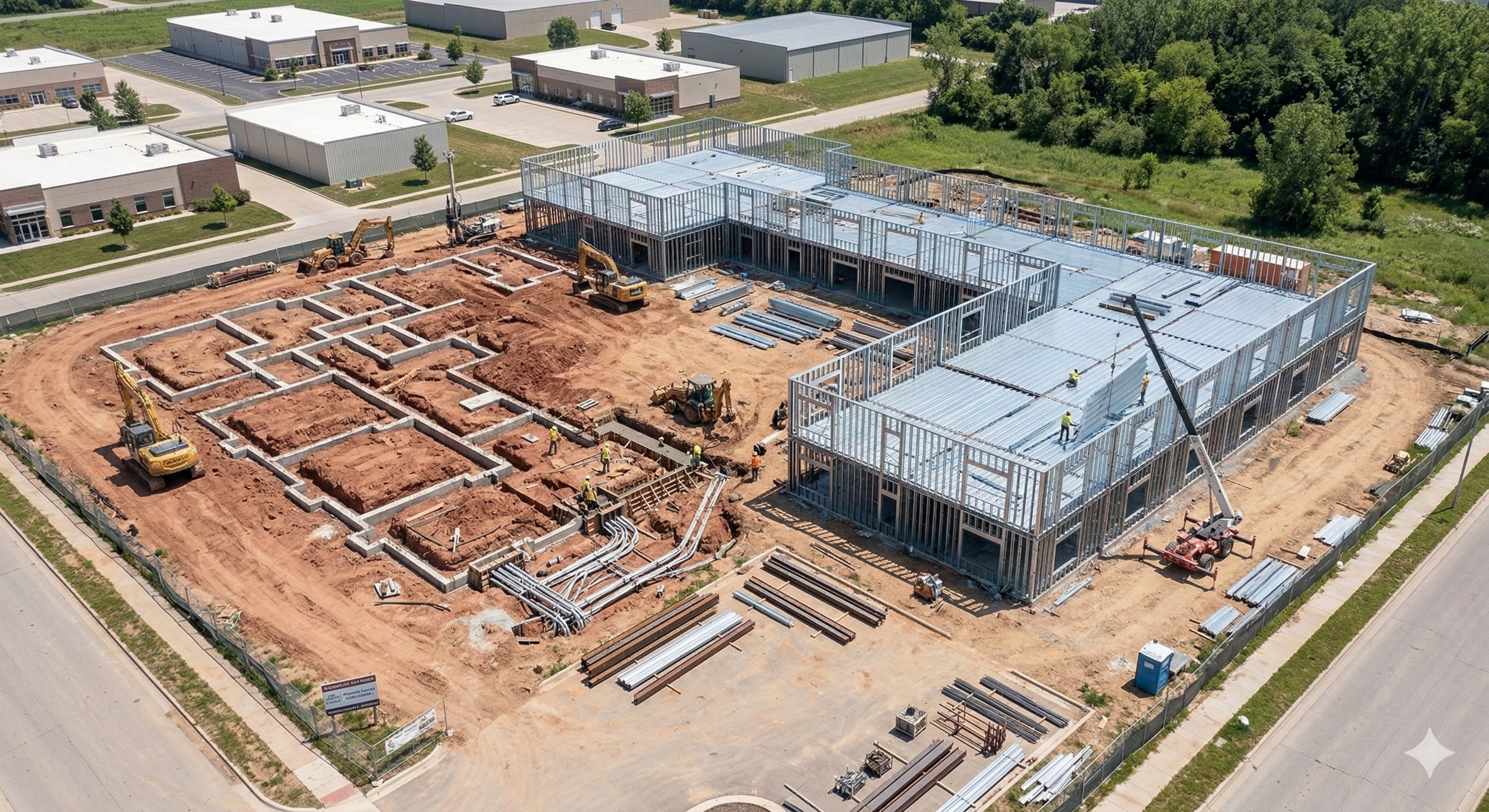 Steel structural framing and concrete foundation work at commercial construction site